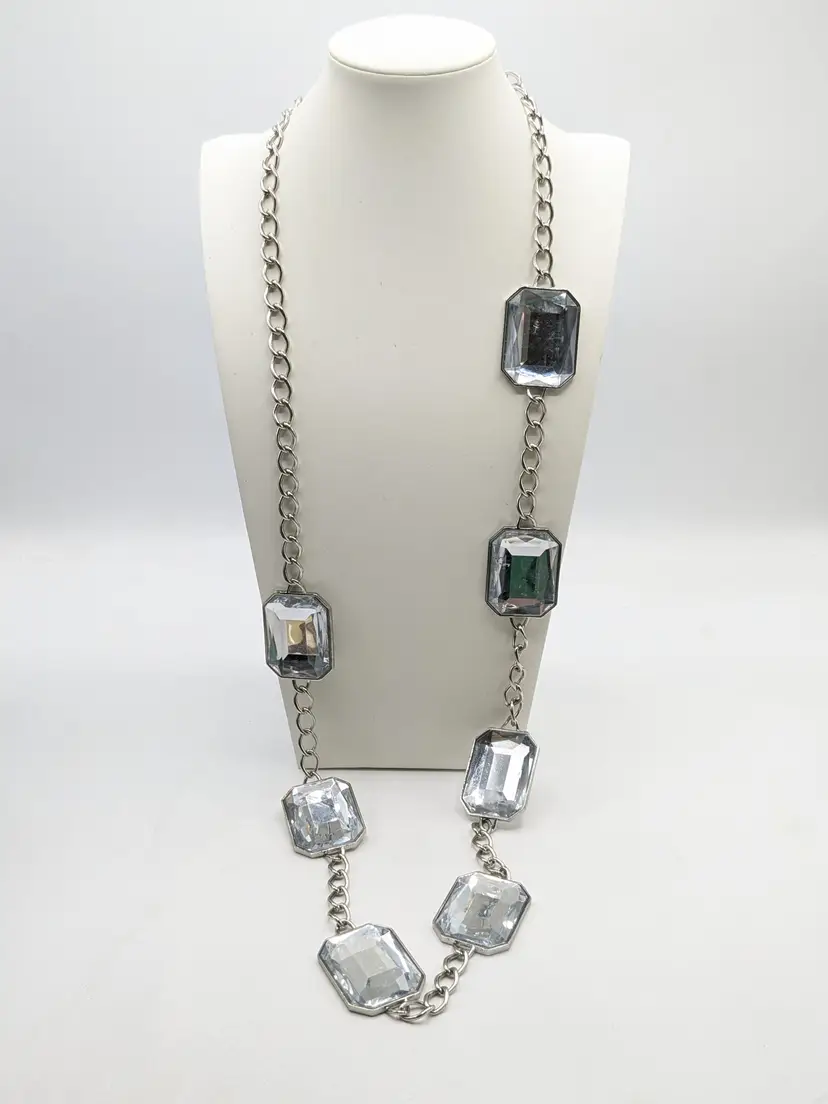 Chunky Silver Tone Chain Mirrored Belt/Necklace with Large Clear Rhinestones