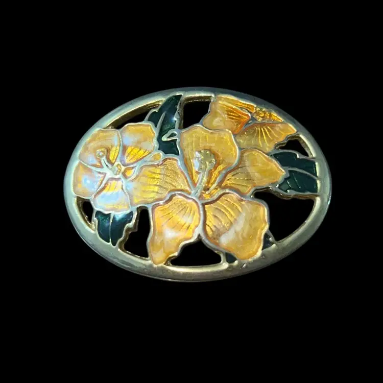 Vintage Gold Tone Floral Cloisonné Brooch