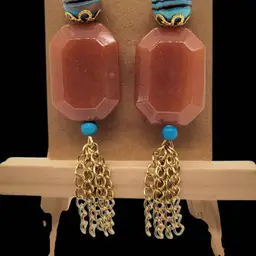 Handmade Carnelian, Rainbow Calsilica And Goldstone Chain Earrings.
