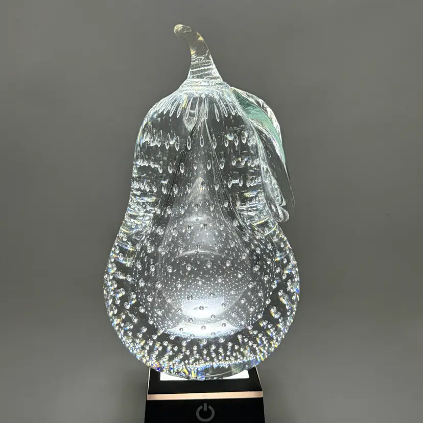 Large Art Glass Heavy Pear Fruit Paperweight 8” Clear Bullicante Bubbles