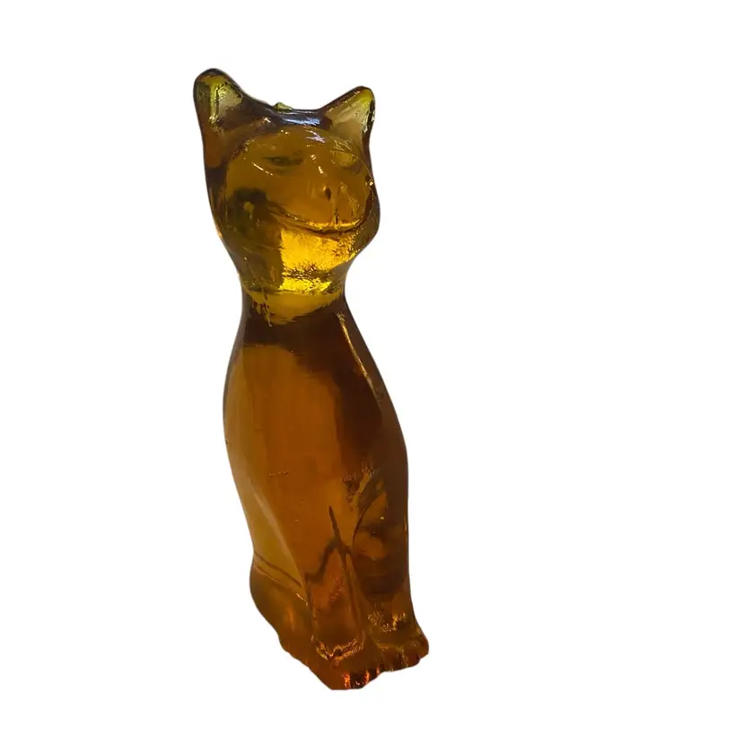 Vintage Amber Glass Cat Figurine Mid-Century Modern  Smiling Cat