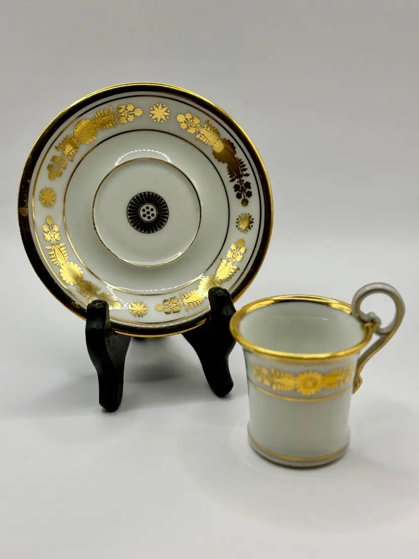 Antique 1900’s Rouard av-de 34 L’opera Porcelain Demitasse Tea Cup & Saucer Set with Gold Floral Accents, Collectible Display, By Artist Maison Rouard, Made In France