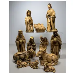 Vintage Chalkware Christmas Nativity Set Japan 12 Piece Hand Painted Tan READ