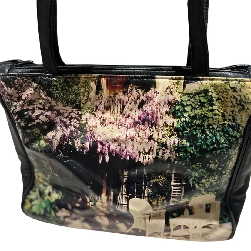 Nancy Lucia -New York - Vintage Black Leather Photo Tote – Wisteria Garden Print – Made in USA – 12.5”W x 10”H