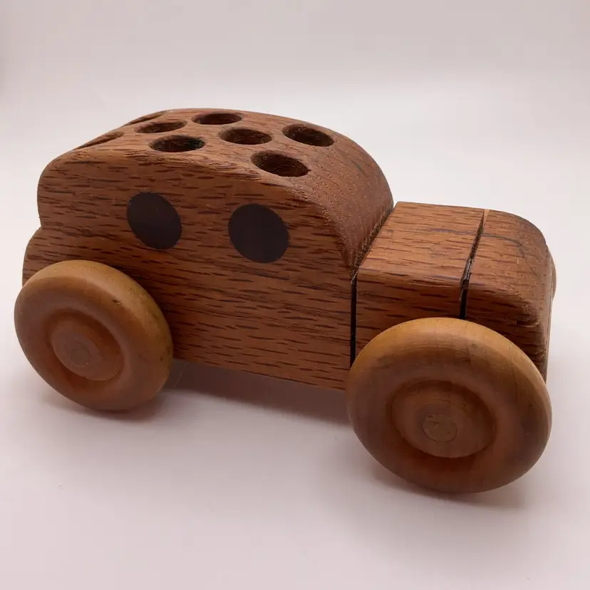 POW3 VTG Carved Wood Pencil Pen Holder Car Rolls!