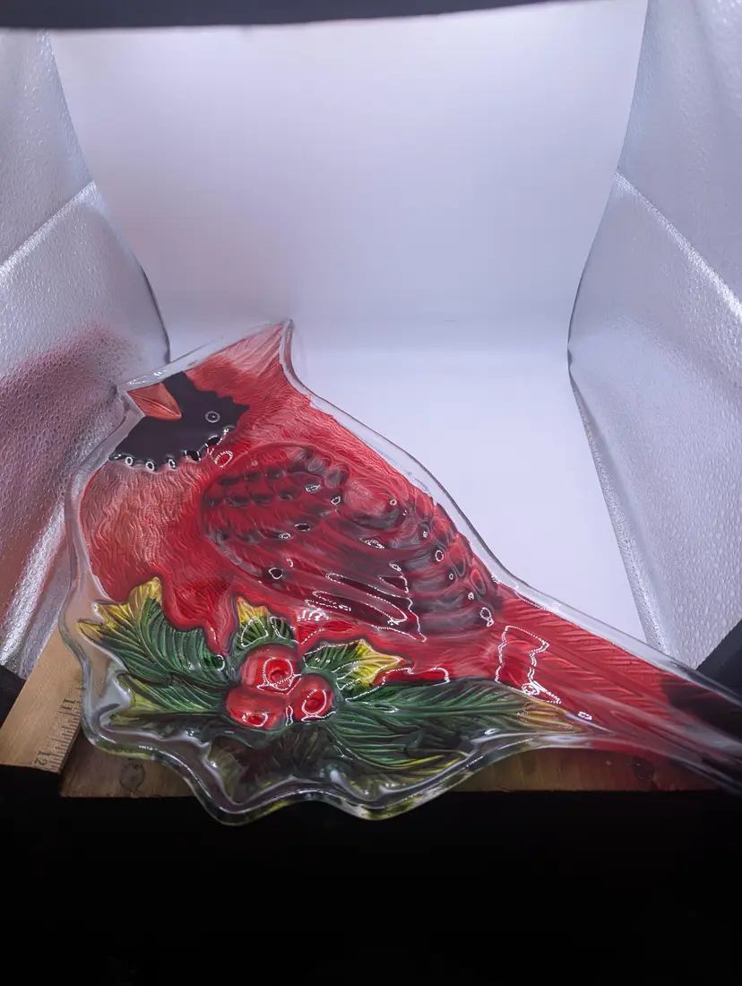 Cardinal Shaped Fused Glass Plate Red Bird Poinsettia Decorative Holiday Platter