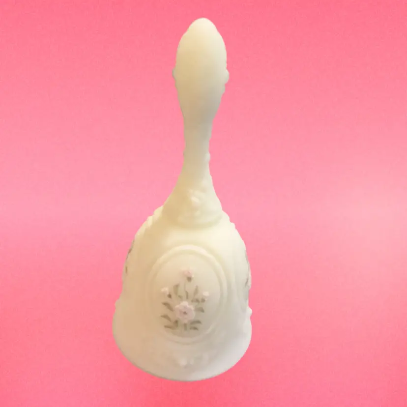 Vintage Fenton Custard Glass Bell. Hand Painted & Artist Signature . Custard Glass With Pink Blossoms. Reads Hand Painted By T. Thomas.