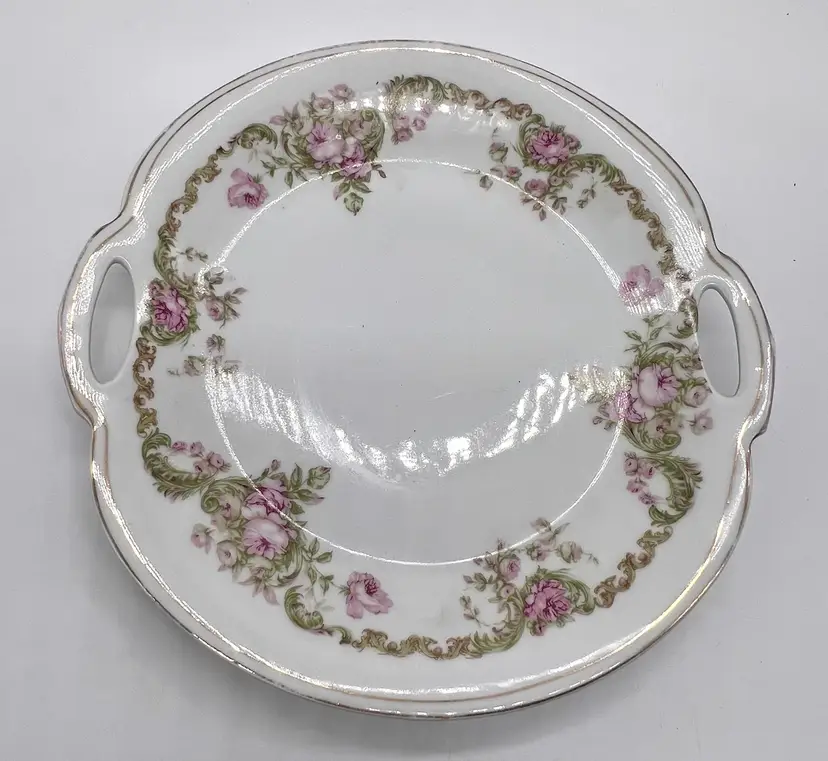 Antique Bavarian Serving Dish With Handles Pink Roses Cottage Core 10”
