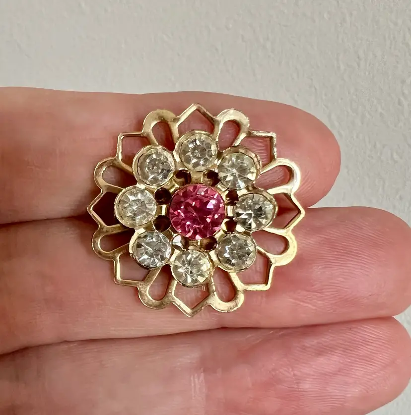 Vintage Goldtone Brooch PINK & Clear Rhinestone Floral Brooch  & Postcard #G1