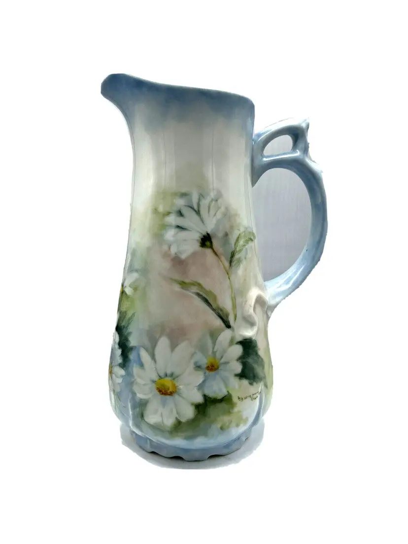 Vintage Hand Painted Pitcher Signed Erwin Soft Pastel Daisy Flower Blue 2 Handle