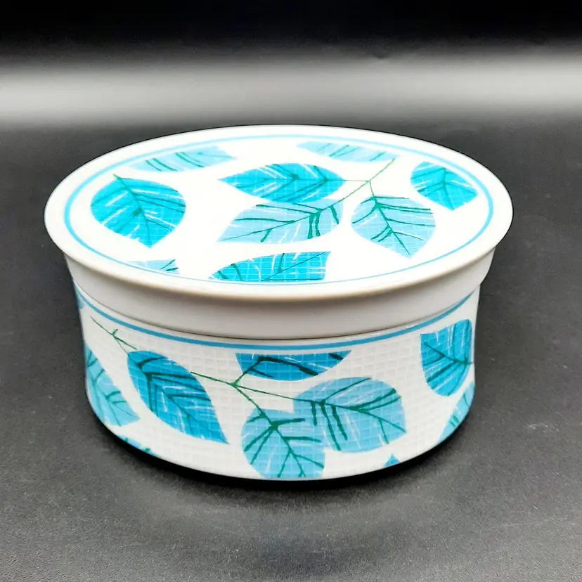 Vintage Mikasa Tempo Seventy Fine China Lidded Vanity Trinket Box Turquoise Leaf White Mesh Pattern