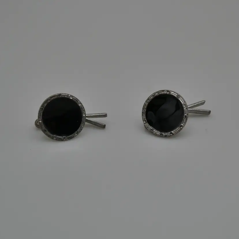 PAIR Vintage Black Enamel Sterling Silver Buttons Formal Tuxedo Shirt Studs 12mm Marked