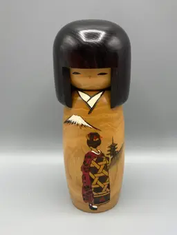 Vintage Japanese Kokeshi Doll with Geisha Girl Landscape - 7.5" Tall Signed
