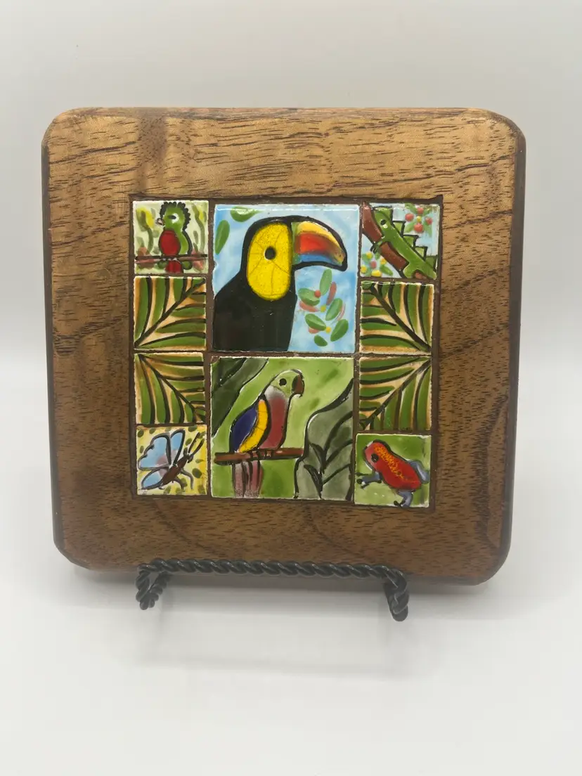 Ceramic Tile Wood Trivet Birds Butterfly Reptiles Tropical Colorful