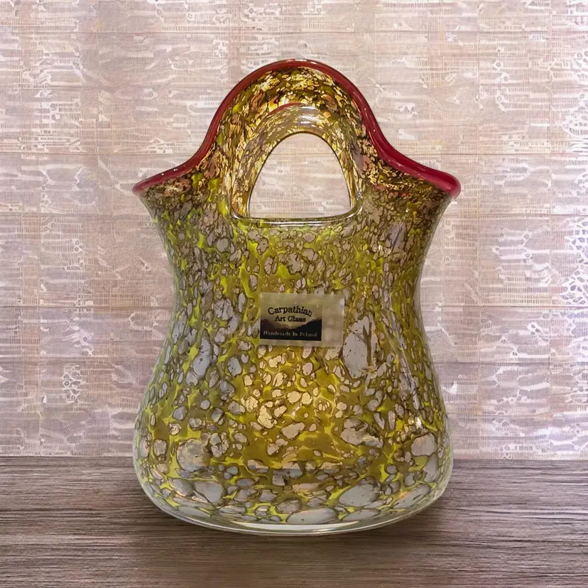 Polish Art Glass Purse Vase Hand Made Artist Signed 9" Tall HEAVY