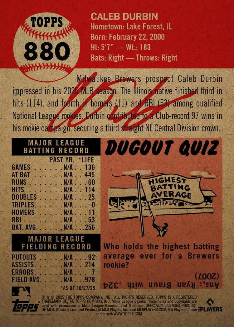 Caleb Durbin - 2025 MLB Living Set® - Card 880 - PR: 1311