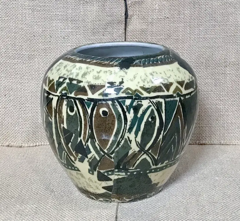 Abstract Fish Pattern Ceramic Vase Aztec Southwestern Boho Earth Tones Folk Art