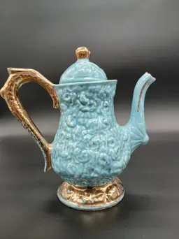 Vintage Robin Egg Blue Embossed Ceramic Teapot with Gold Accents