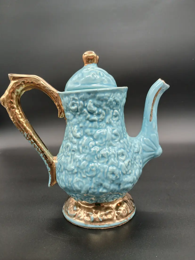 Vintage Robin Egg Blue Embossed Ceramic Teapot with Gold Accents