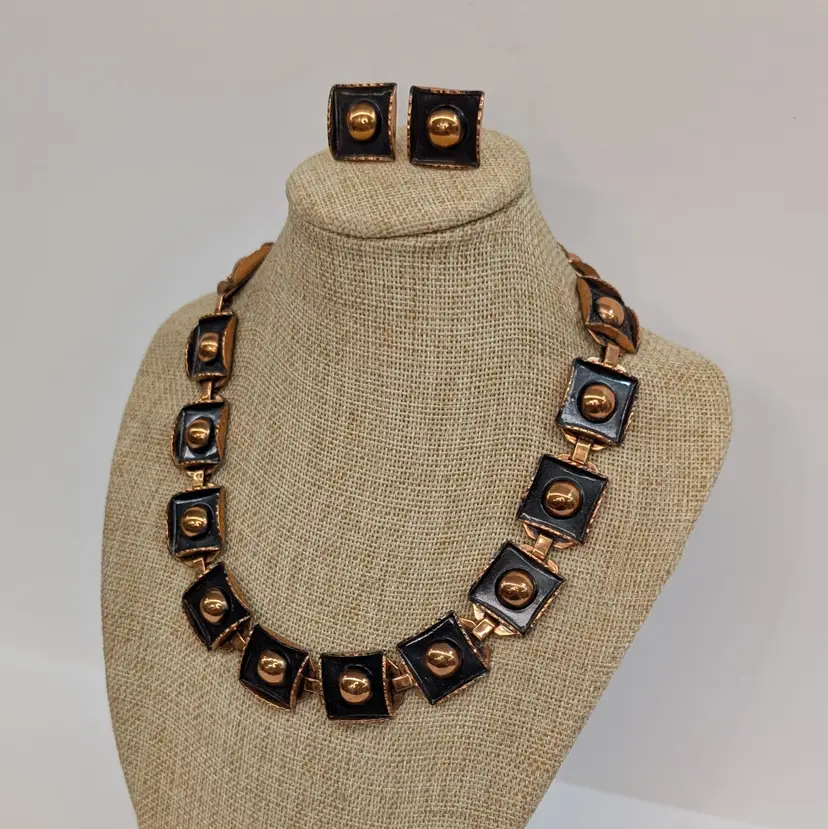 Vintage Renoir Copper & Black Enamel Square Link Necklace Earrings Set Statement