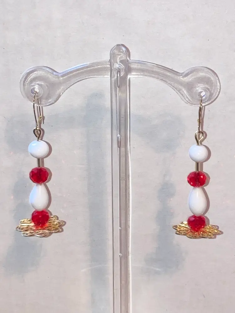 Milk Glass And Crystal Beads Perfume Bottle Earrings! 2 1/2” drop.  Made By Me!