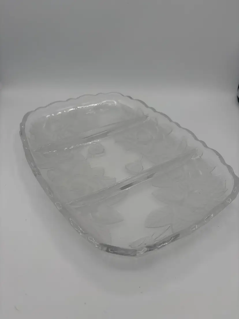 Vintage Rose Pearls 3-part divided relish dish platter made by Home Beautiful Crystal.