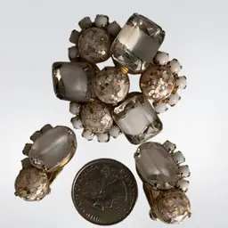 #01 - Gold Tone Brooch And Matching Earrings Gold Confetti And Givre  Glass Beads Set In A Circle Design With Milk Glass