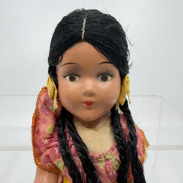 Vintage Mexican Folk Art Doll Composition Hand Painted Face Black Hair Styled In Two Long Braids Handmade Dress Traditional Festival Costume READ