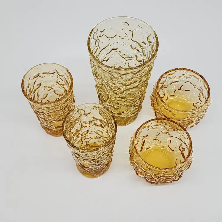 Anchor Hocking Textured Amber Glass Tumbler Juice and Roly Poly Glass VTG 5 Glasses