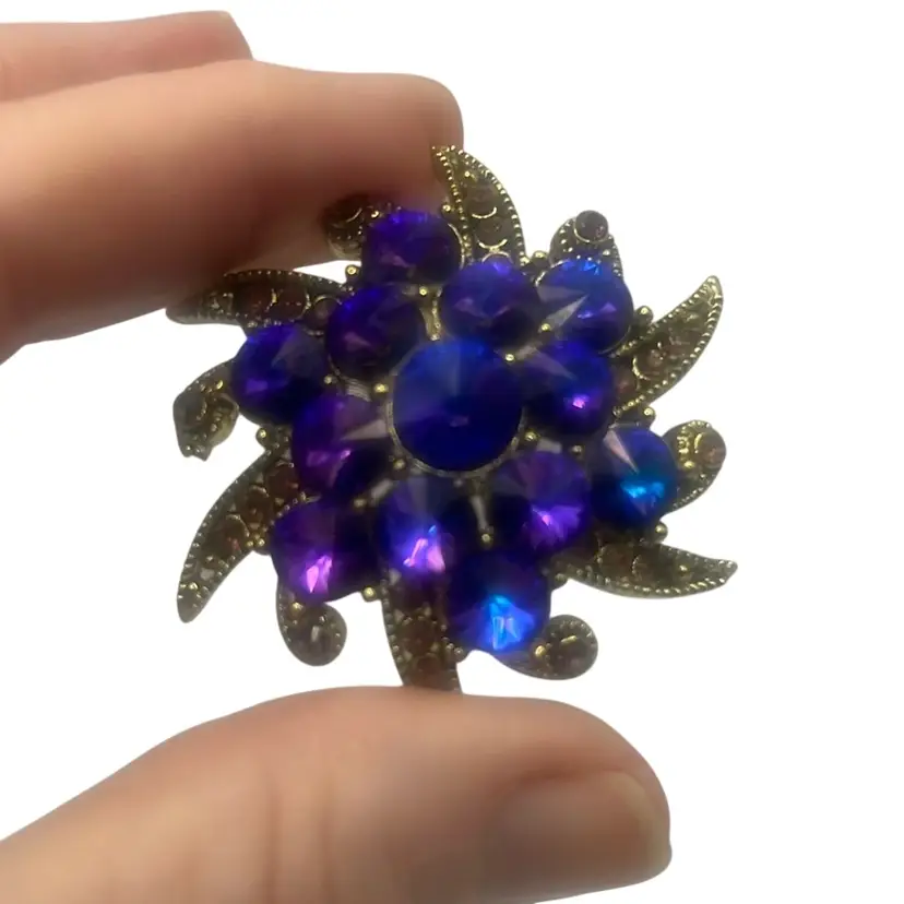 Gold Toned Brooch With Purple And Pink Rhinestones, 2”