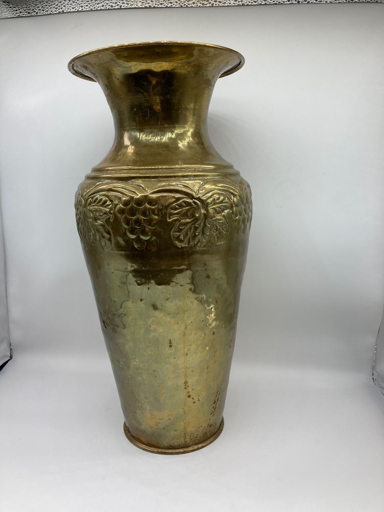 Vintage Hammered Brass Vase: Embossed Grapes, Fluted Top, Made in India
