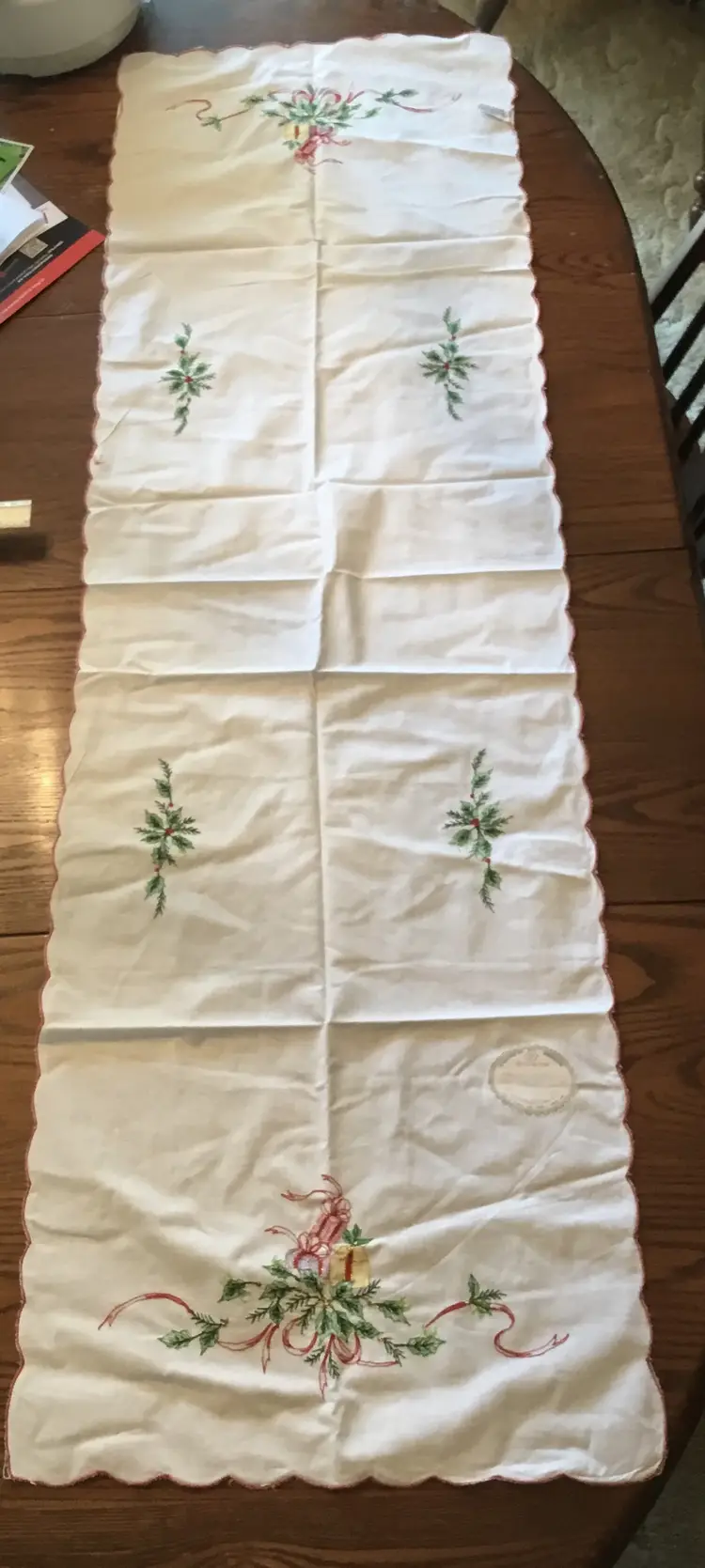 Embroidered, cotton Christmas table runner & single linen (?) napkin