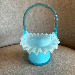 Fenton Opalescent Blue Overlay Ruffled Small Basket