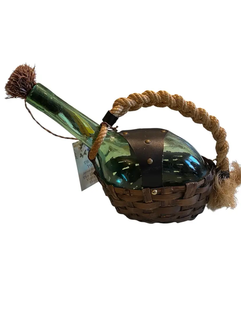 Italian Green Glass Wine Bottle Vintage in Basket with Handle Decorative and Boho Rattan Woven Wicker Unique