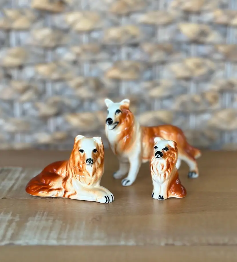 Vintage Set Of 3 Sheltie/Collie/Shetland Sheepdogs Porcelain Dog Family