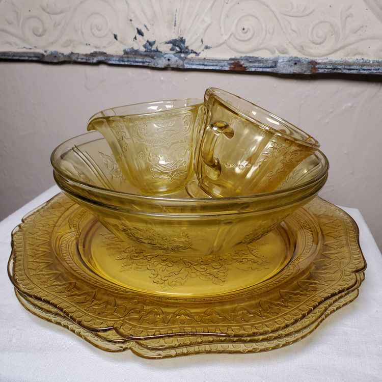 Amber Yellow Depression Glass Serving Set Mixed Patterns