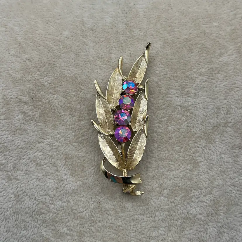 Vintage Pink AB Rhinestone Gold Tone Brooch