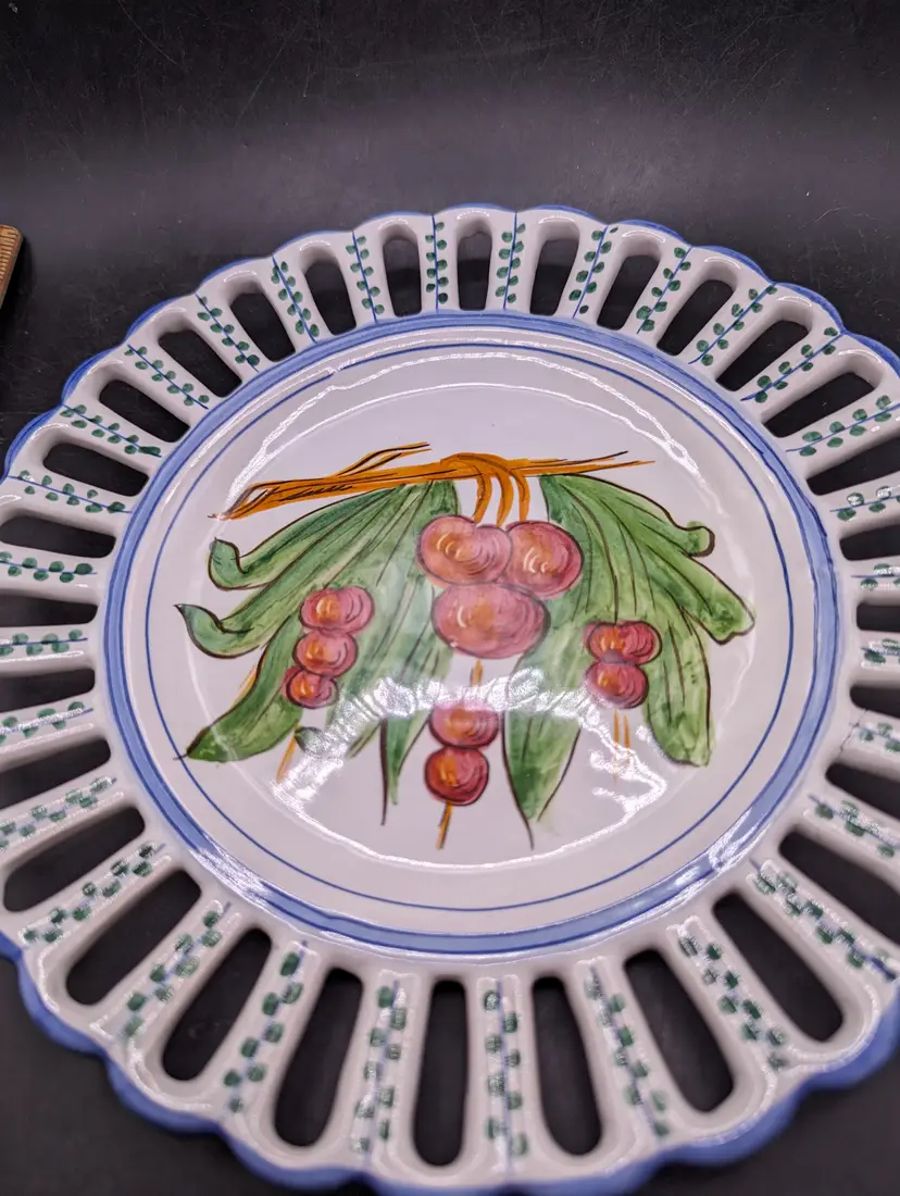 Vintage Italy Perugia Hand Painted Plate Reticulated Floral Blue Rim 8"