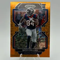NICO COLLINS 2 CARD LOT. 2021 PRIZM ORANGE DISCO RC. 2024 CERTIFIED PIECE OF THE GAME RELIC 073/249.