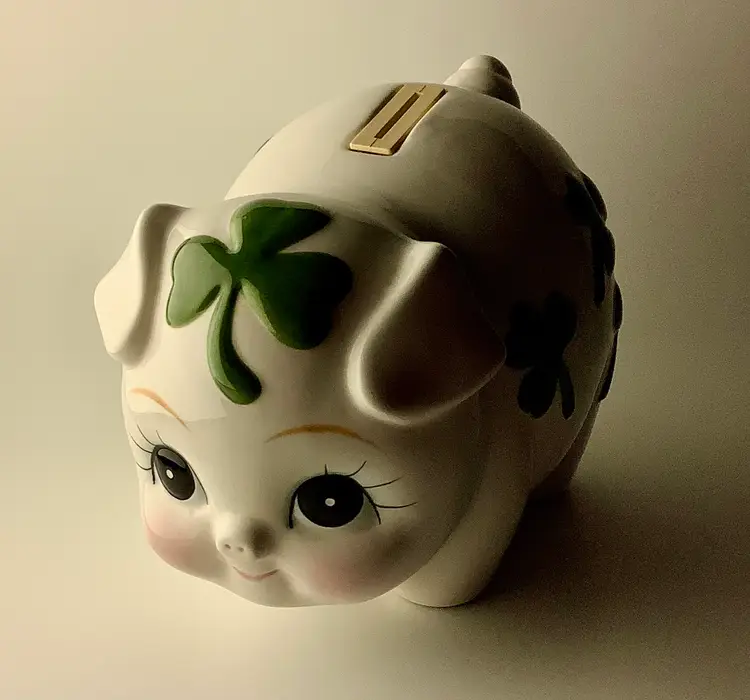 Lefton 1970s Ceramic Shamrock Piggy Bank