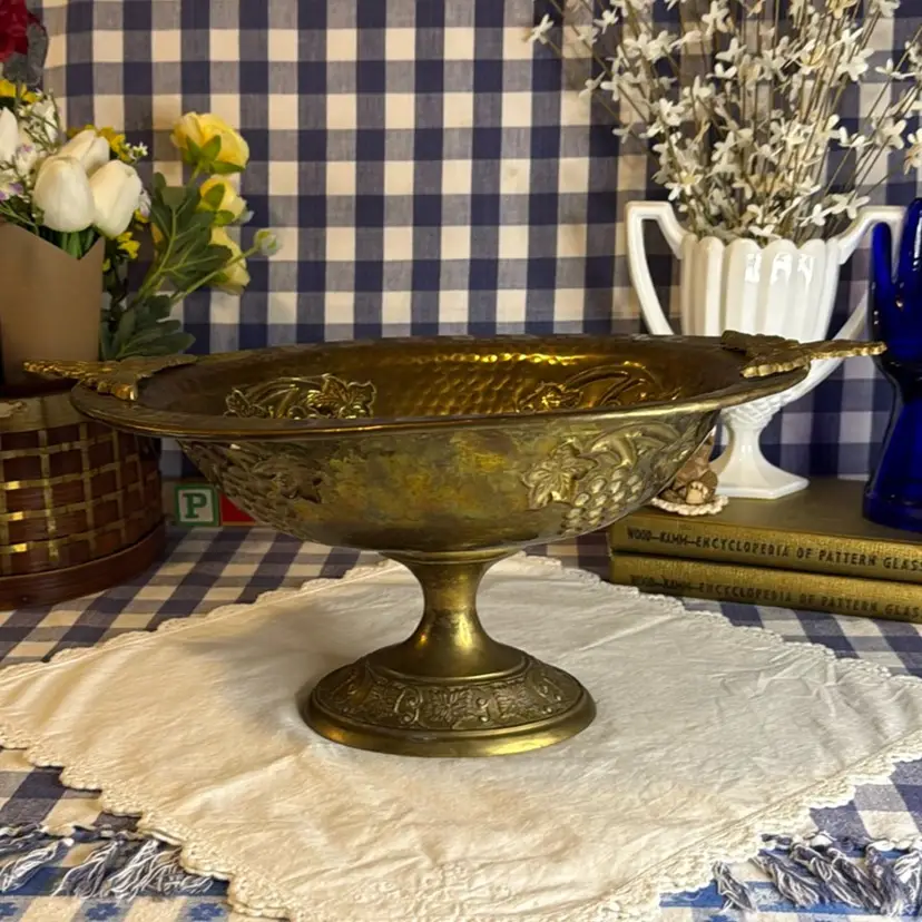 Large Hammered Brass Pedestal Bowl with Grapevine Design and Solid Brass Handles
