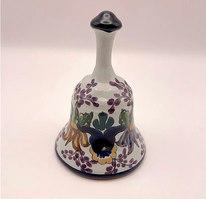 Mexican Pottery, signed, handmade, painted floral design, ceramic pottery bell
