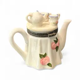 Brass Hinged Ceramic Tea Set Trinket Box