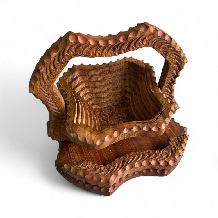 Wooden Hand Carved Collapsible Bowl Or Basket