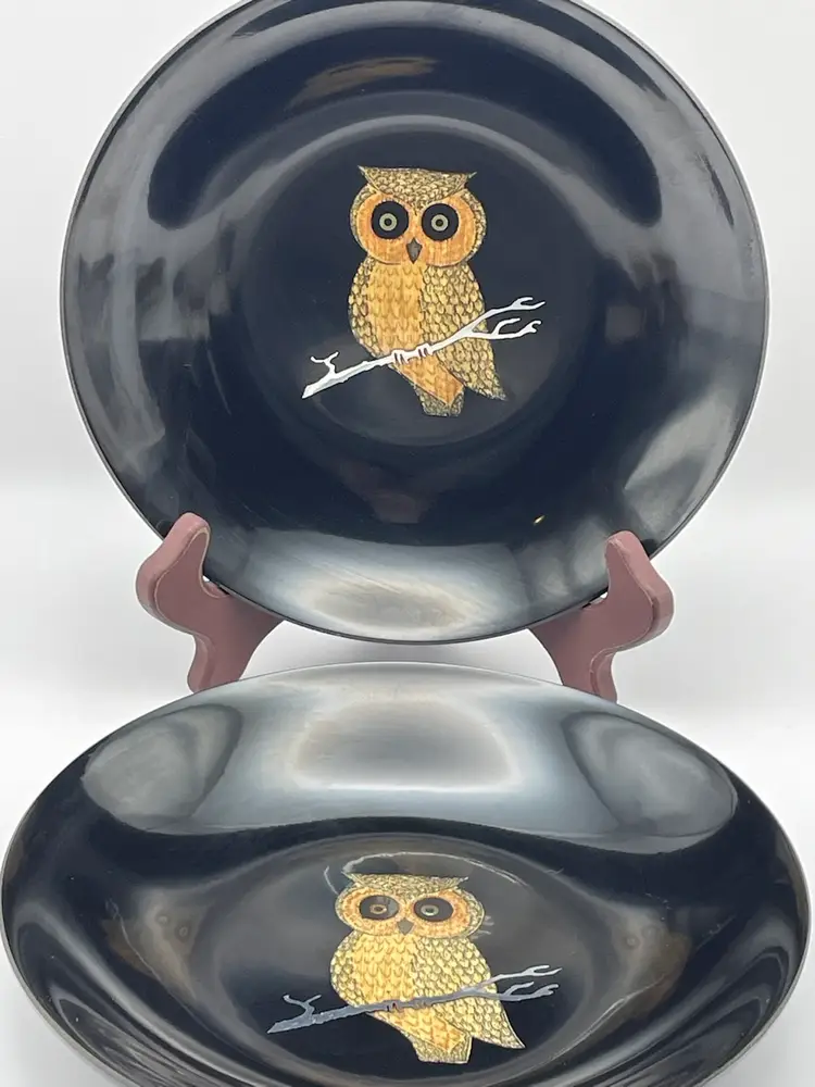 Couroc, Monterey, CA, 7.5” Black Resin Bowl with In-laid Owl. No two are alike!