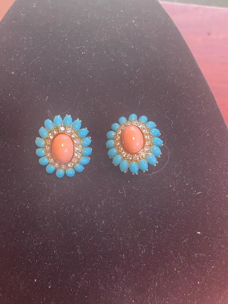 KJL EARRINGS Kenneth J. Lane Gold Plated Faux Coral Turquoise Rhinestone Clip On Earrings