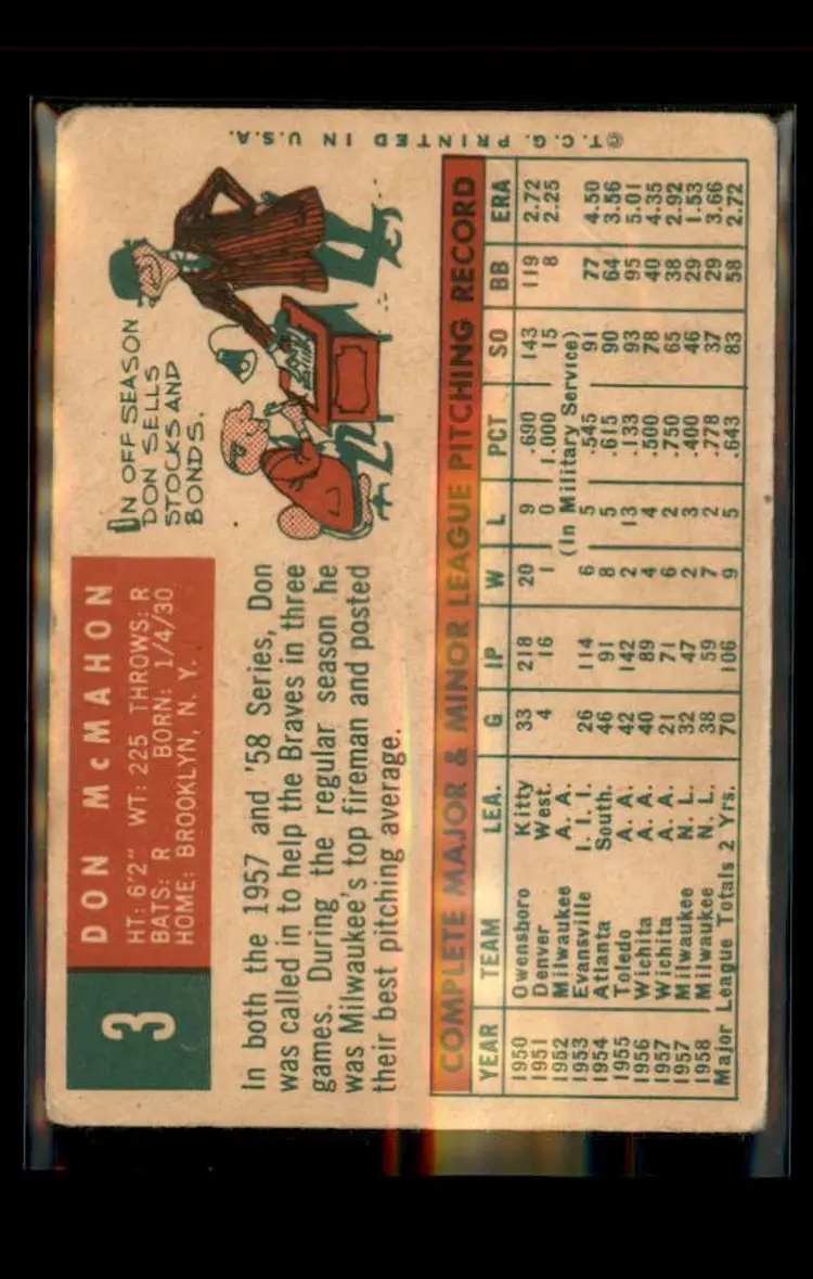 1959 Topps #3 Don McMahon - (pk4) - Milwaukee Braves