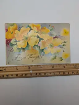 E116. Antique Postcard YELLOW EMBOSSED FLORALS FLOWERS "Loving Thoughts" Gold Pink