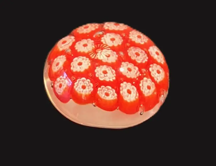 Small Red/White Millefiori Glass Paperweight Unmarked