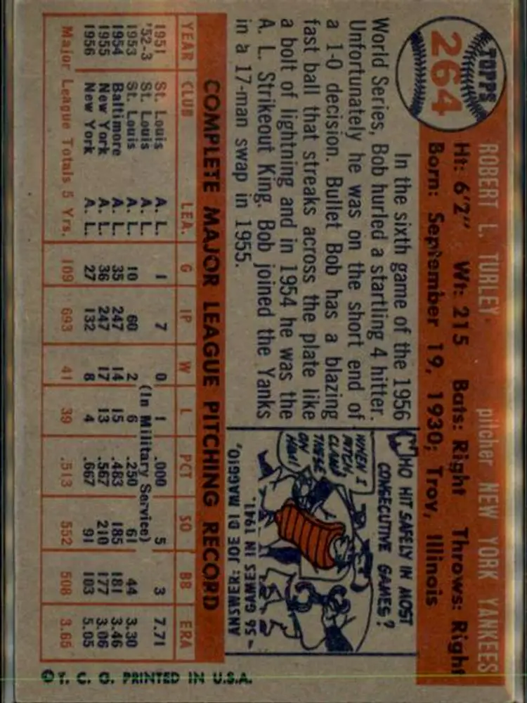 1957 Topps #264 Bob Turley - ( pk1 ) - New York Yankees